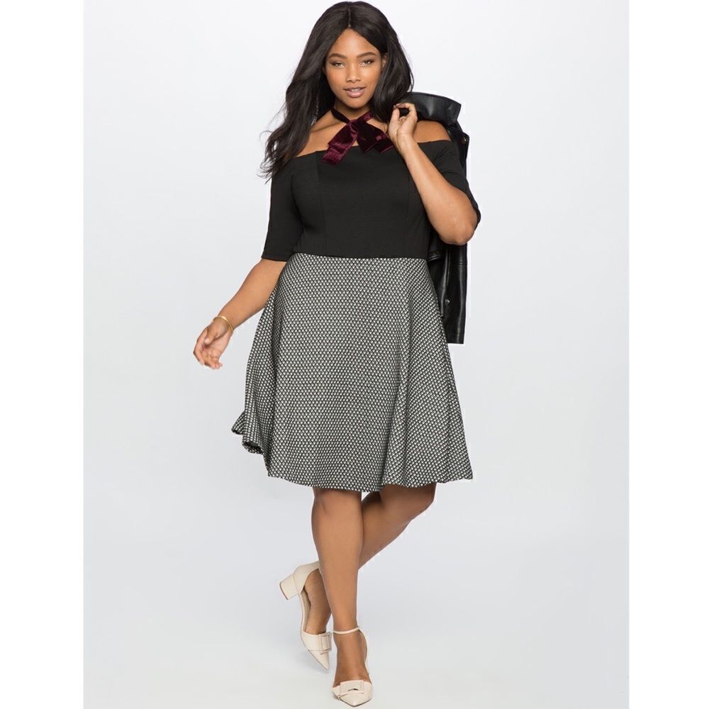Eloquii Black White Off The Shoulder Mixed Media Dress Plus Size 24 NWT